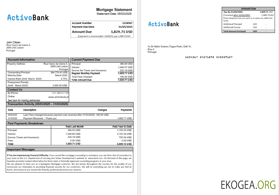 Relevé hypothécaire d'Activobank Portugal aux formats Word et PDF